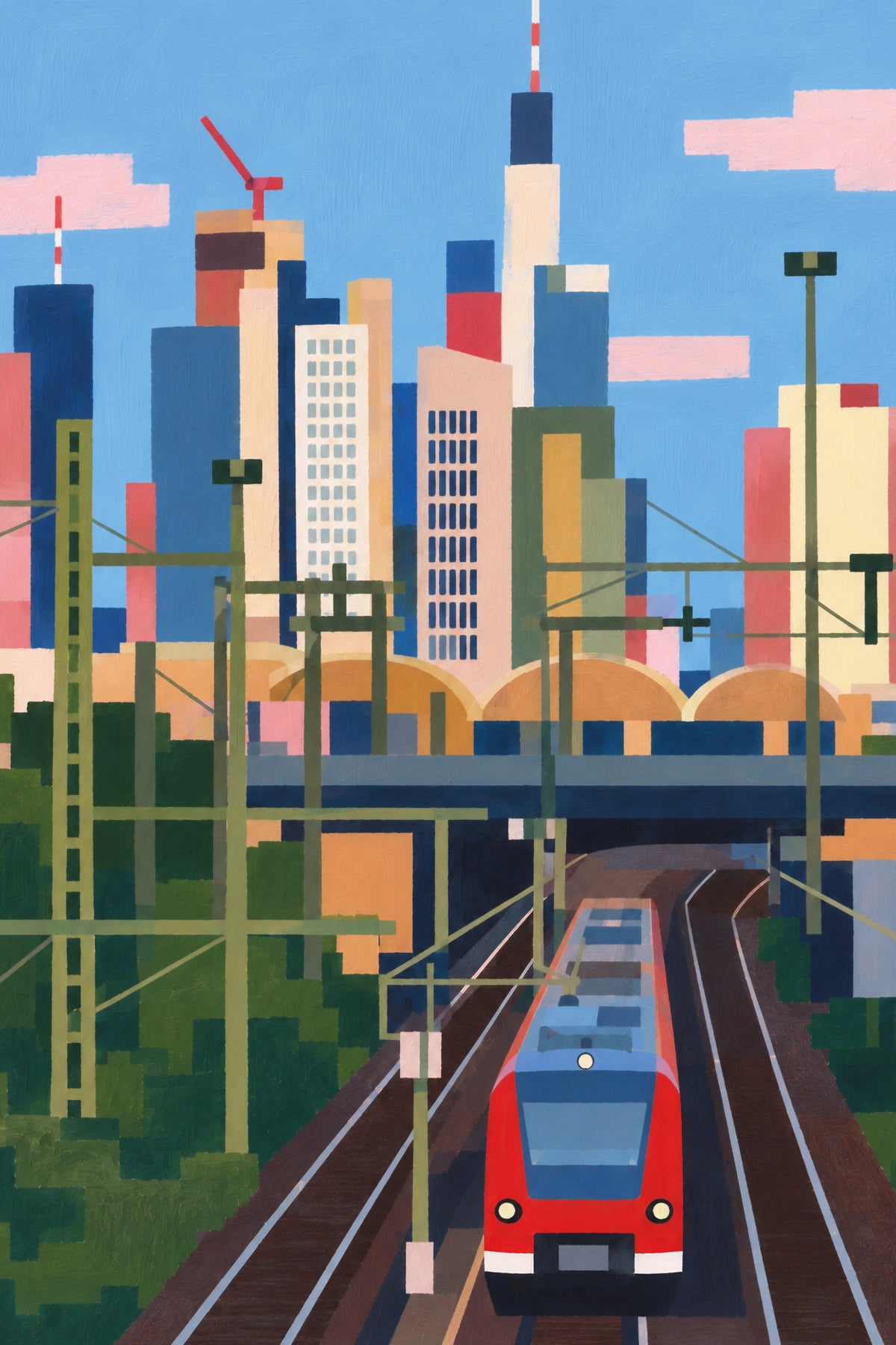 In Transit art print featuring a red commuter train moving through railway lines and a geometric city skyline in blue, green, pink and cream.