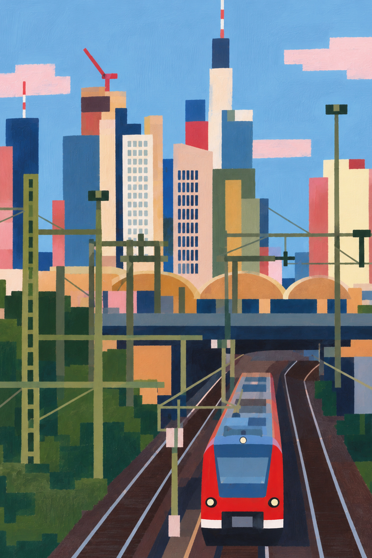 Affiche In Transit : un train de banlieue rouge file entre les voies devant une silhouette de ville géométrique en bleu, vert, rose et crème.