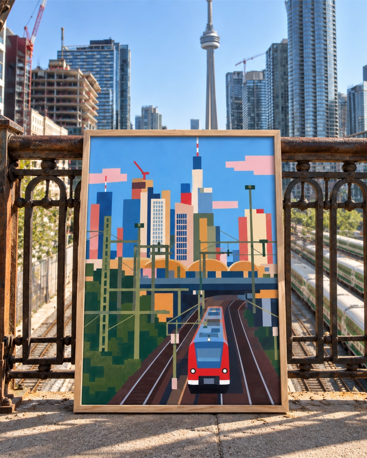 Affiche In Transit dans un cadre en bois naturel à côté de voies ferrées, avec la silhouette de Toronto et la tour CN en arrière-plan.