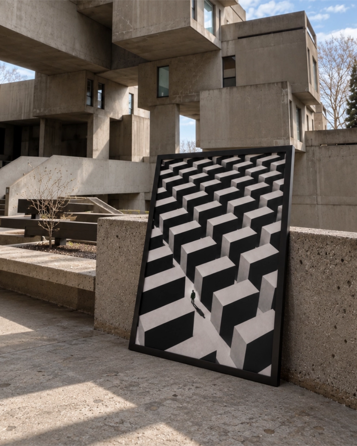 Lost in the Grid art print in a black frame leaning against raw concrete architecture in a brutalist outdoor setting.