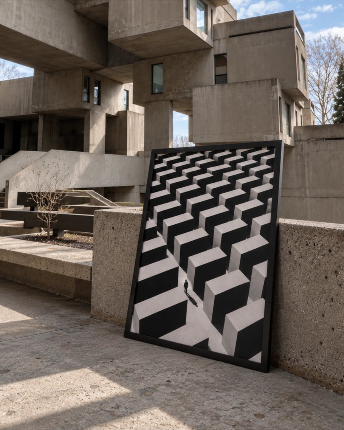 Lost in the Grid art print in a black frame leaning against raw concrete architecture in a brutalist outdoor setting.