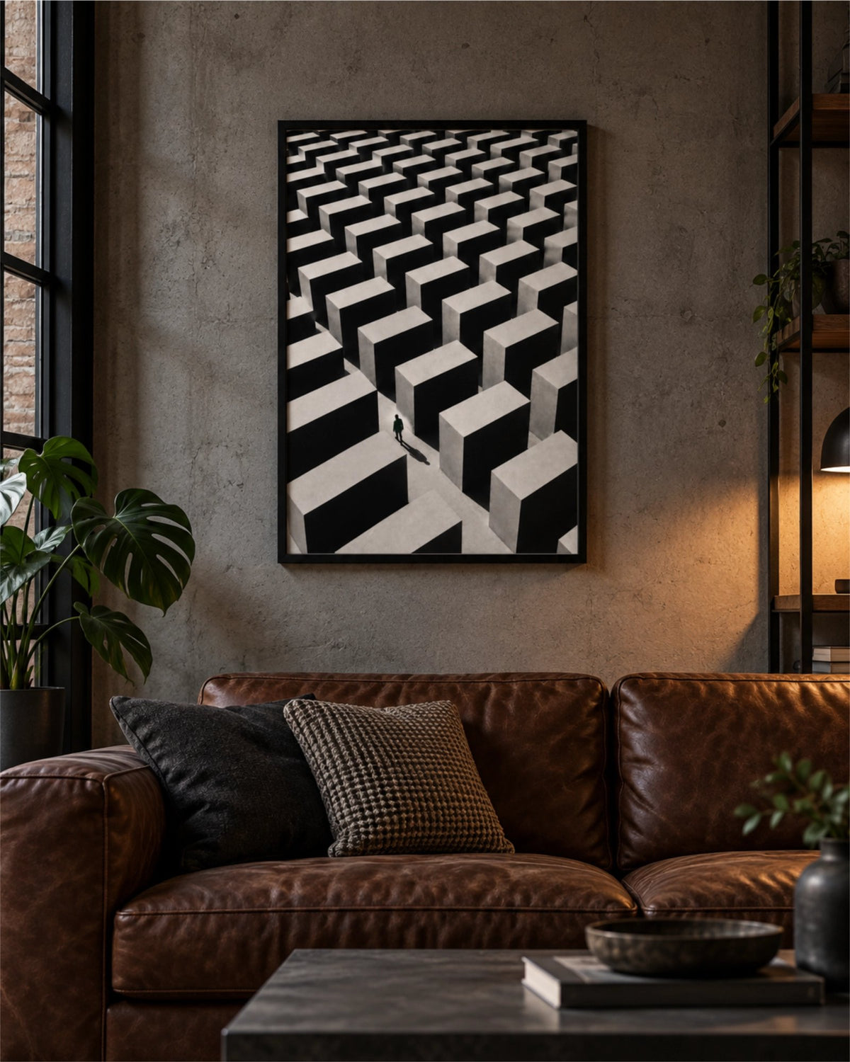 Lost in the Grid art print in a black frame displaying the repeating block composition in a contemporary interior.