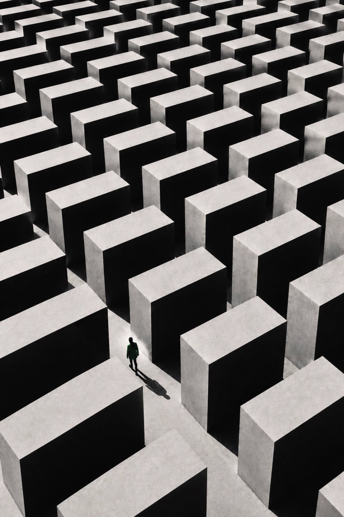Lost in the Grid art print of a lone figure walking through repeating black and grey geometric blocks seen from above.