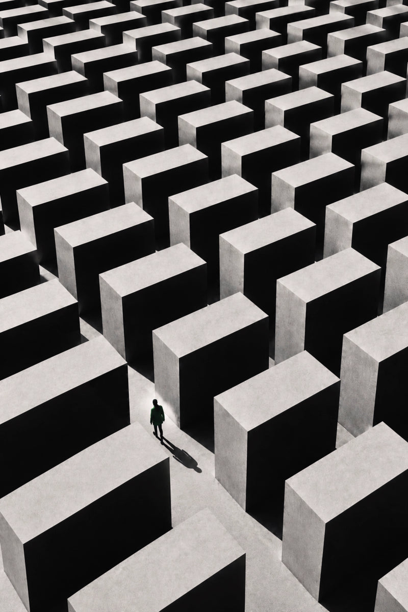 Lost in the Grid art print of a lone figure walking through repeating black and grey geometric blocks seen from above.