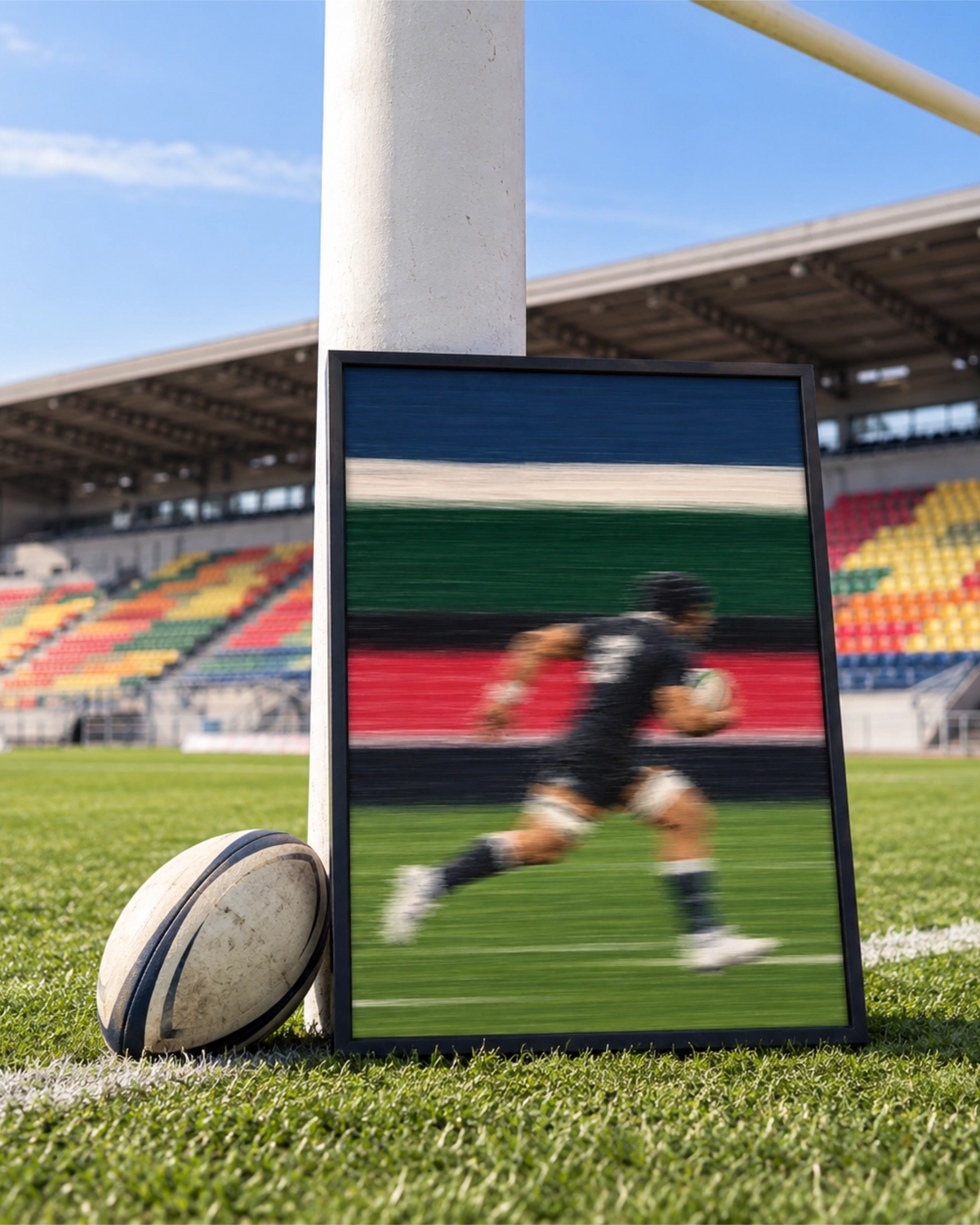 Kunstdruck Line Break im schwarzen Rahmen neben einem Rugby-Torpfosten und einem Ball auf dem Rasen eines Stadions.
