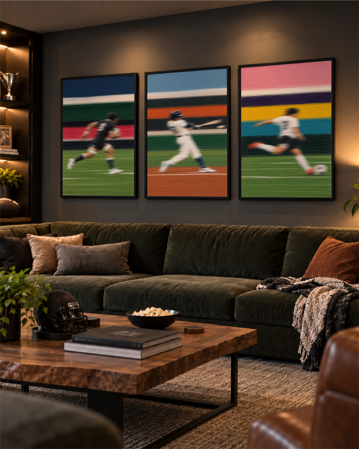 The Final Third art print at right in a three-print sports wall arrangement with Line Break rugby and Full Swing baseball above a green sofa.