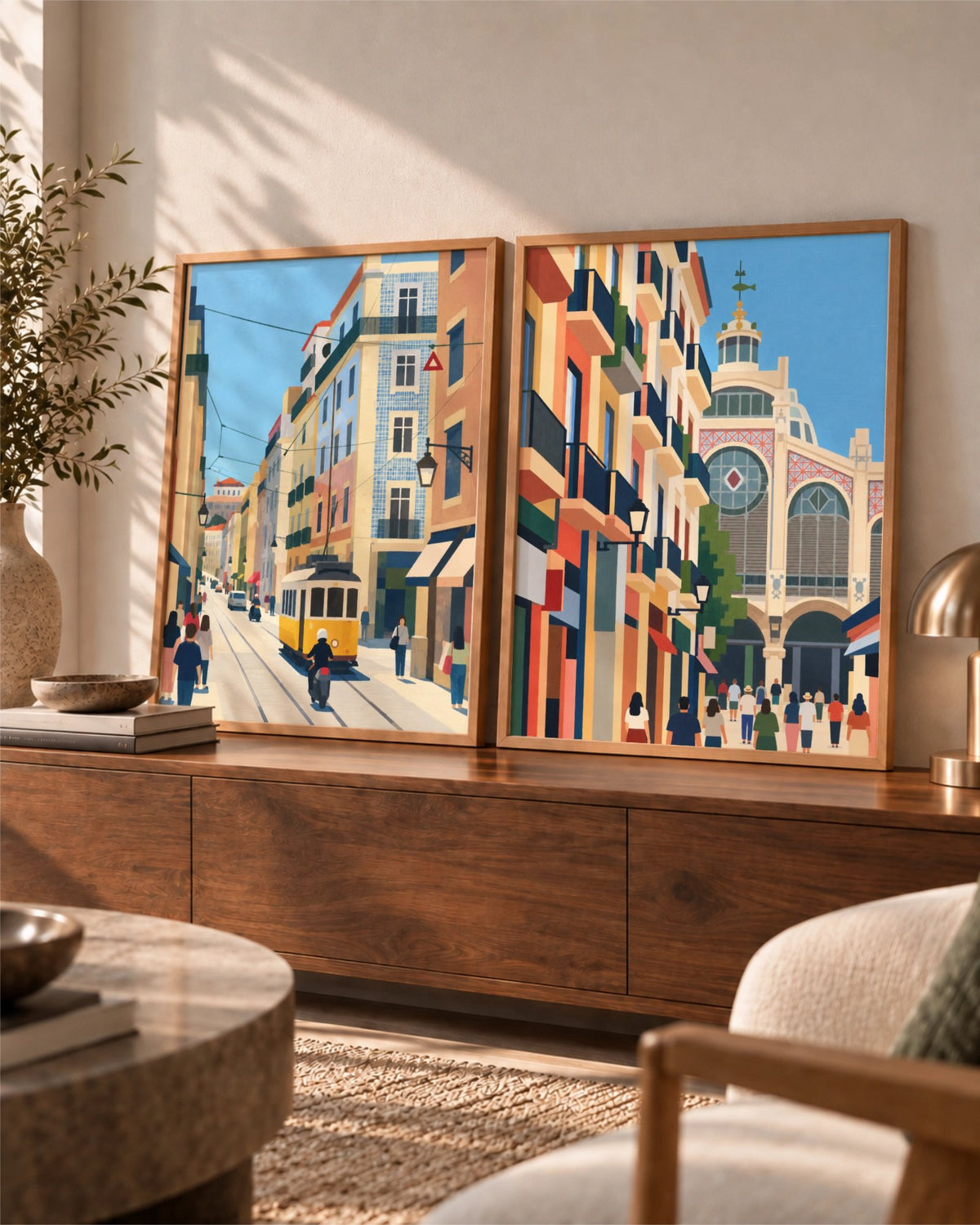 Valencia in Color art print in a natural wood frame above a console table in a bright living room with a green lamp.