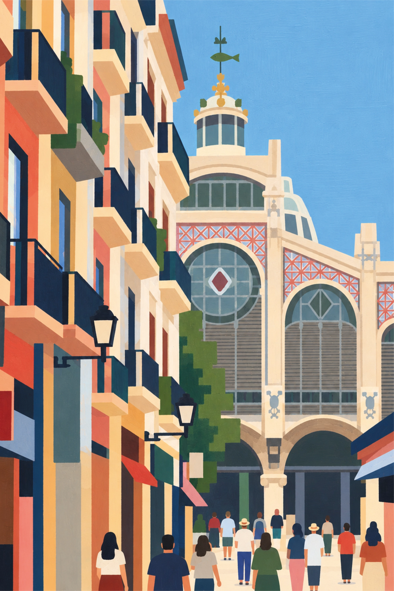 Geometric Valencia art print depicting the Central Market, colorful facades and pedestrians beneath a clear blue sky.