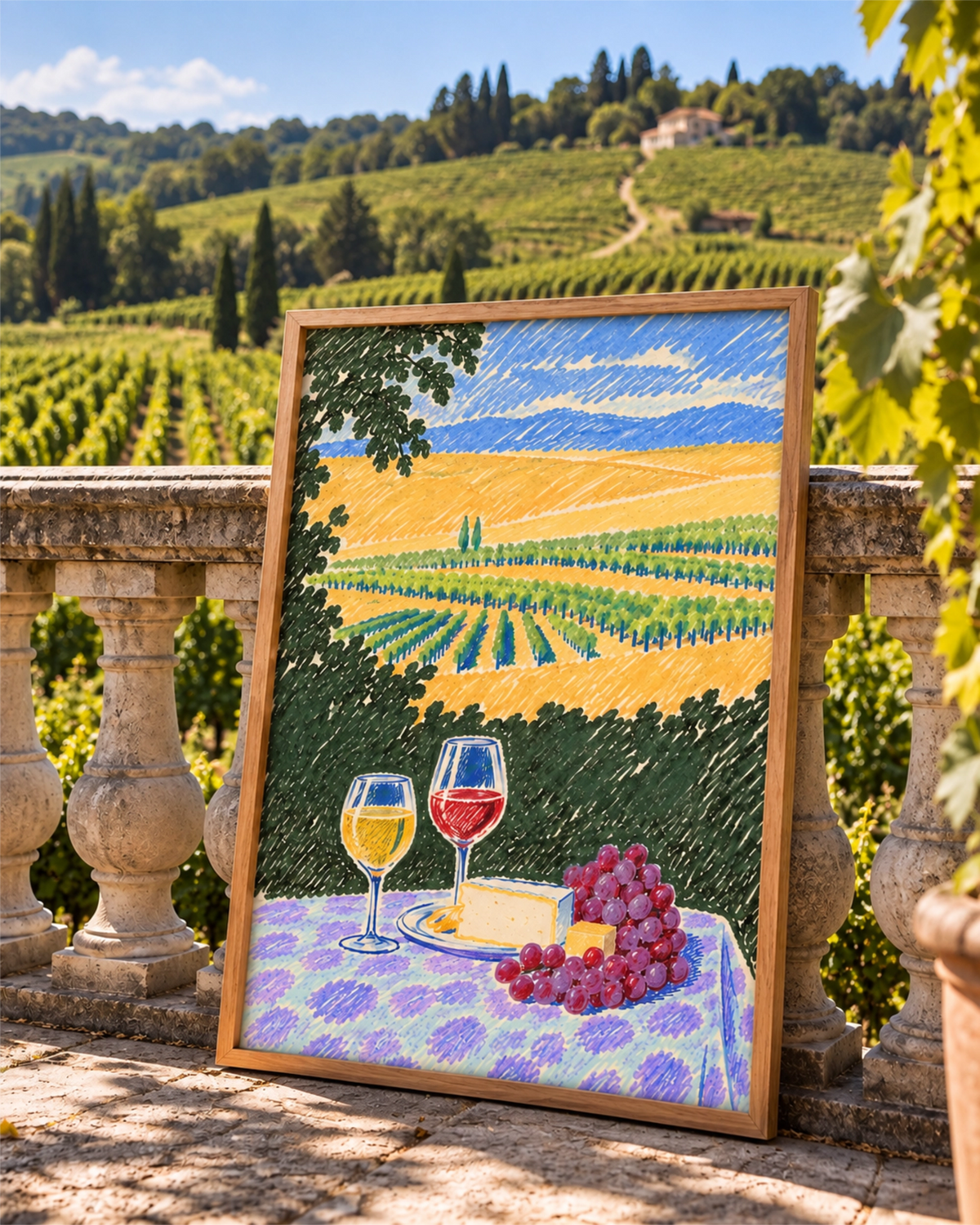 Kunstdruck Among the Vines im Naturholzrahmen im Freien auf einer Terrasse mit Blick auf einen sonnigen Weinberg.