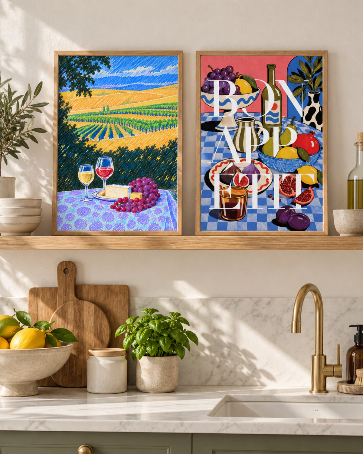 Kunstdruck Among the Vines als linkes Motiv neben einem farbenfrohen Bild zum Thema Essen auf einem Küchenregal.