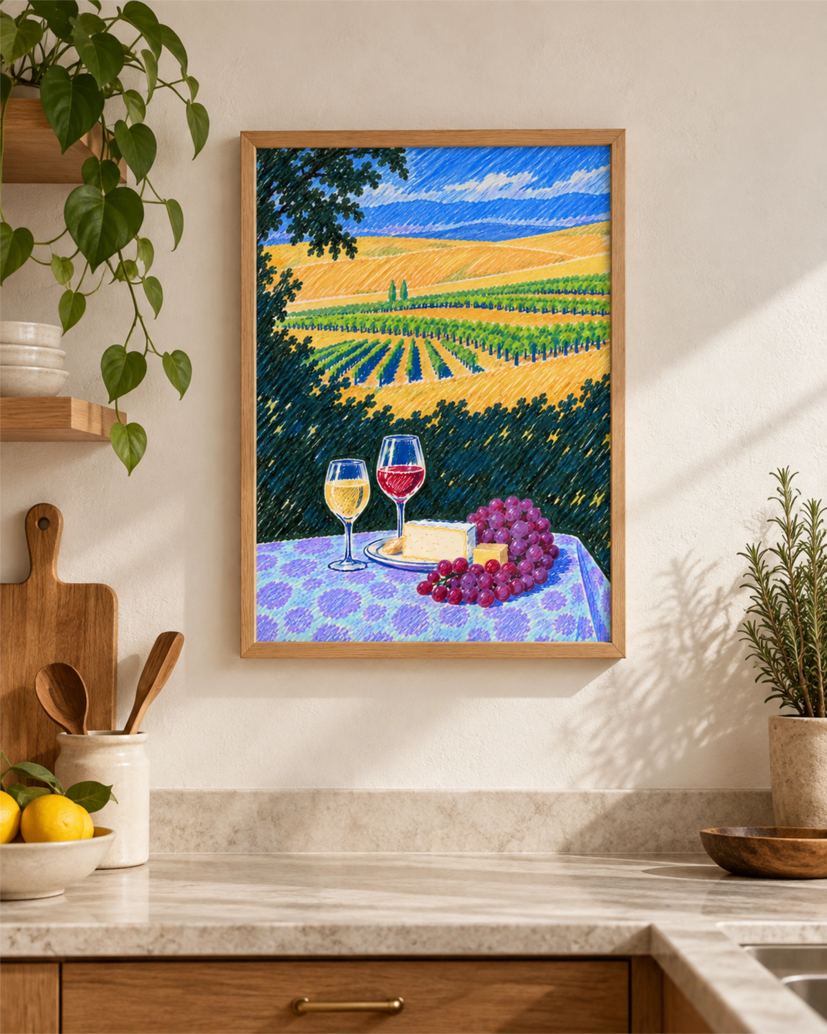 Affiche Among the Vines dans un cadre en bois naturel sur le mur lumineux d’une cuisine, au-dessus d’un plan en marbre avec plantes et ustensiles en bois.