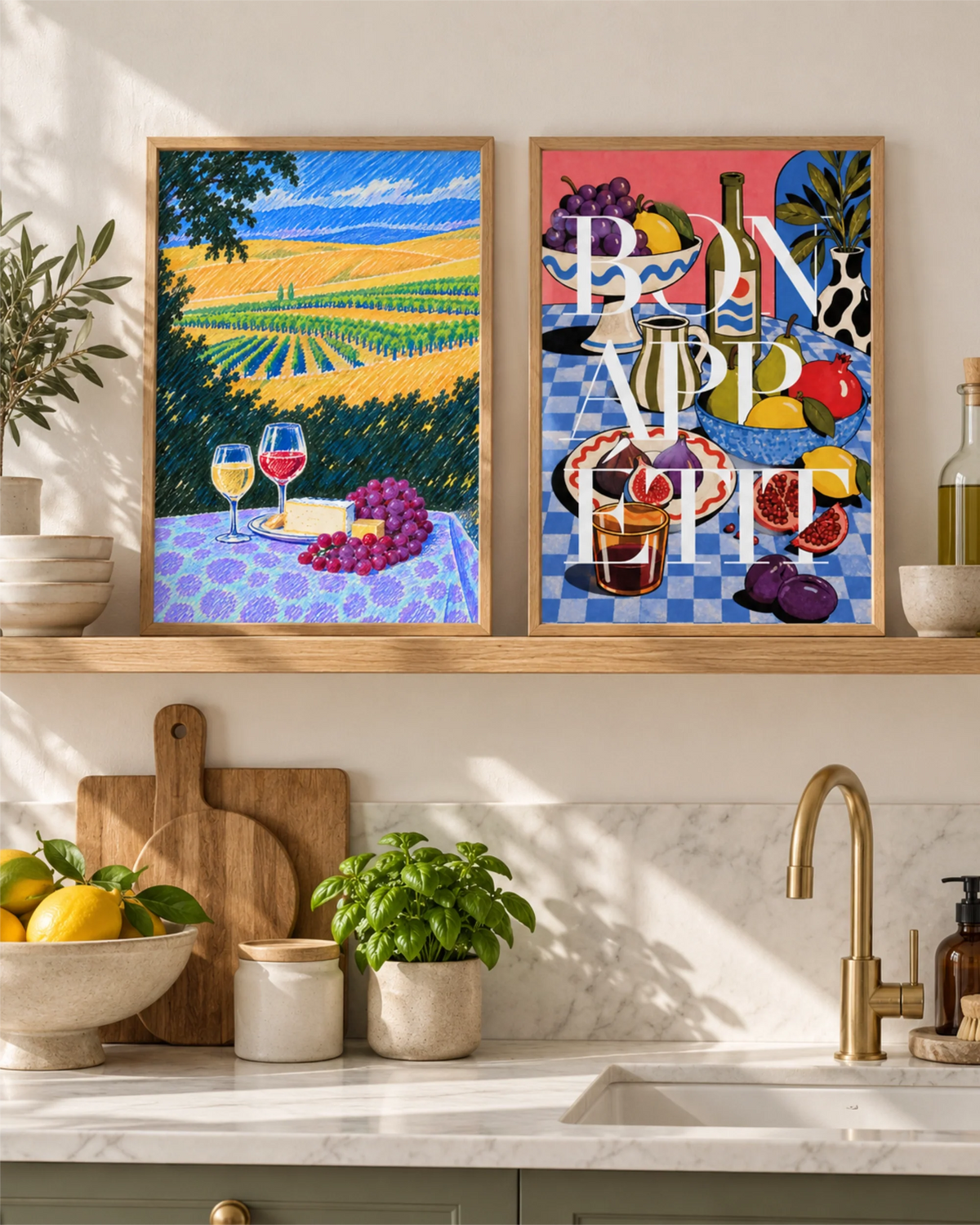 Among the Vines and Bon Appétit art prints displayed together on a kitchen shelf.