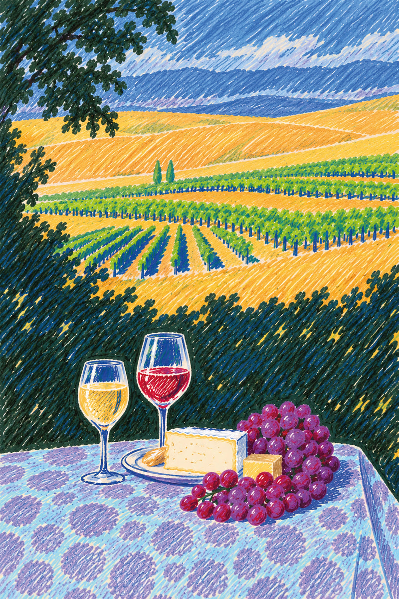 Among the Vines art print featuring rolling vineyard rows, two glasses of wine, cheese and purple grapes on a patterned table.