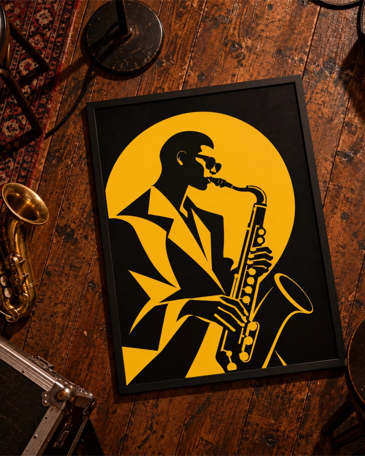 Lámina Golden Note con marco negro en un suelo de madera gastada junto a un saxofón de latón y equipo de música
