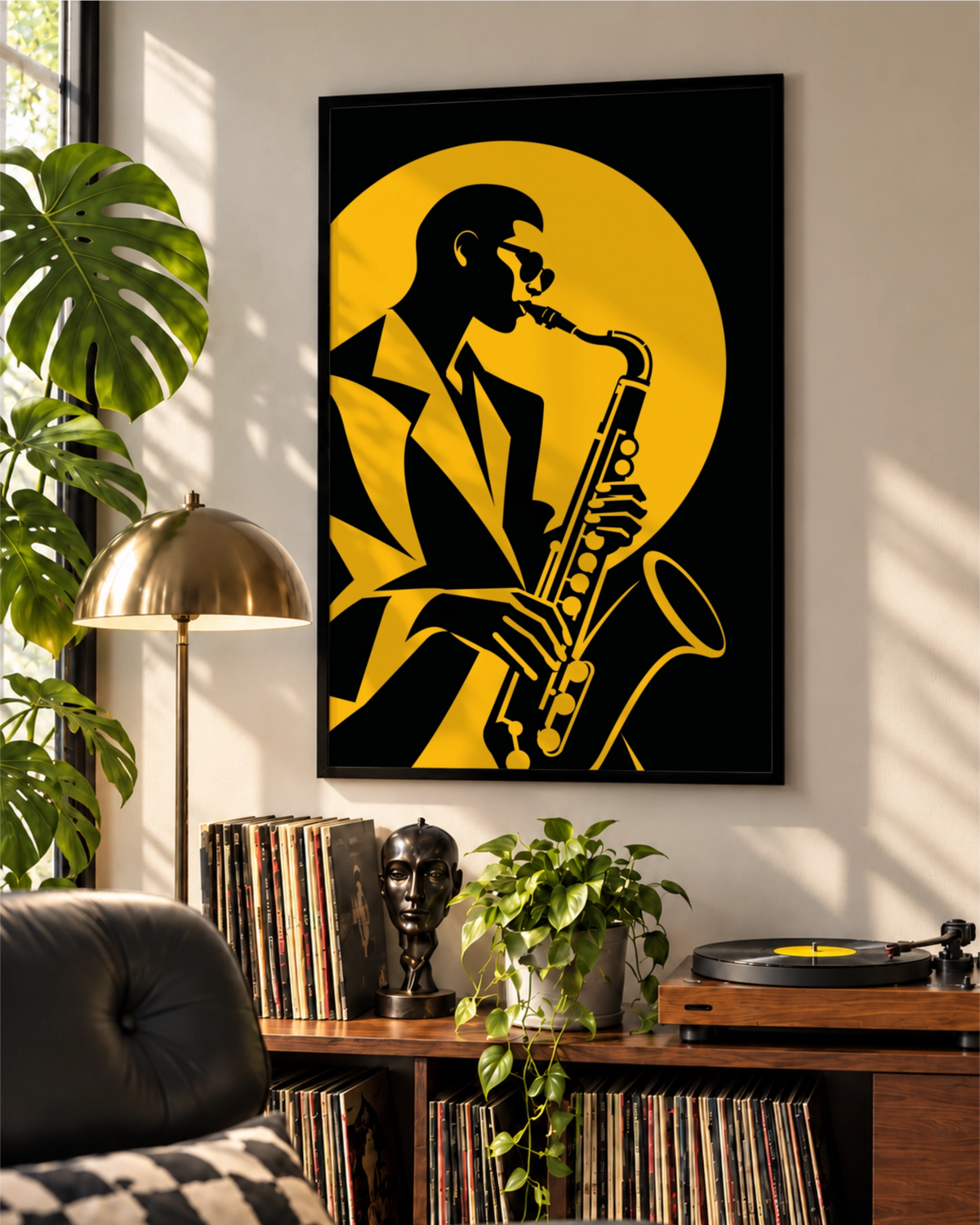 Golden Note art print framed above a record console in a sunlit music corner with vinyl records, plants and a brass lamp.