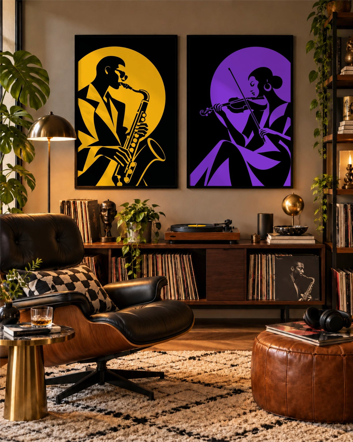 Affiche Violet Note à droite de Golden Note dans une pièce d’écoute chaleureuse avec vinyles et fauteuils en cuir