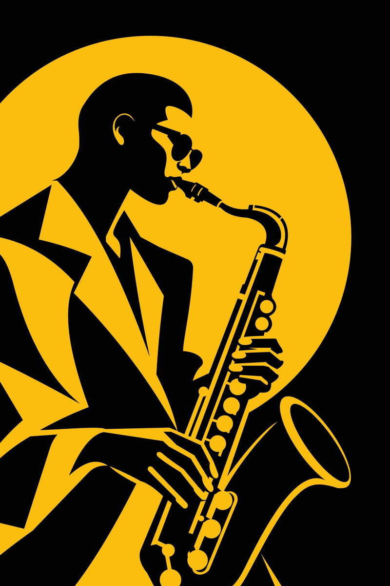 Golden Note art print featuring a black saxophonist silhouette against a bold golden-yellow circle in a sharp geometric style.