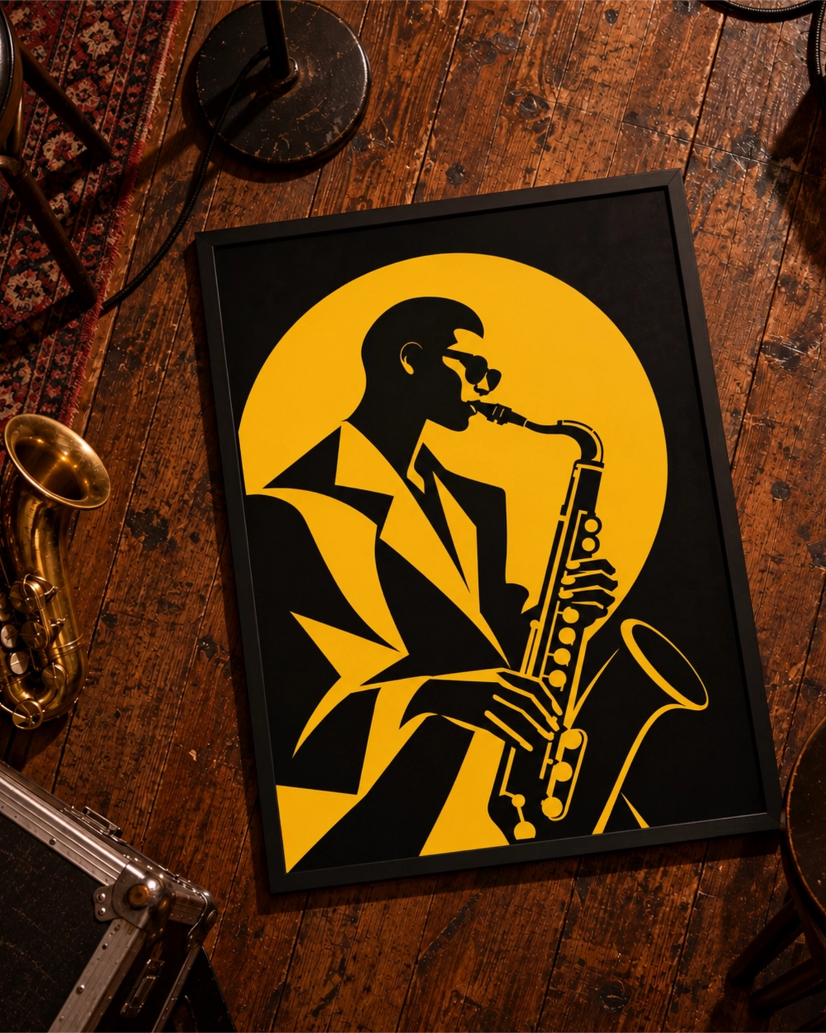 Golden Note art print in a black frame lying on a worn wooden floor beside a brass saxophone and music equipment.