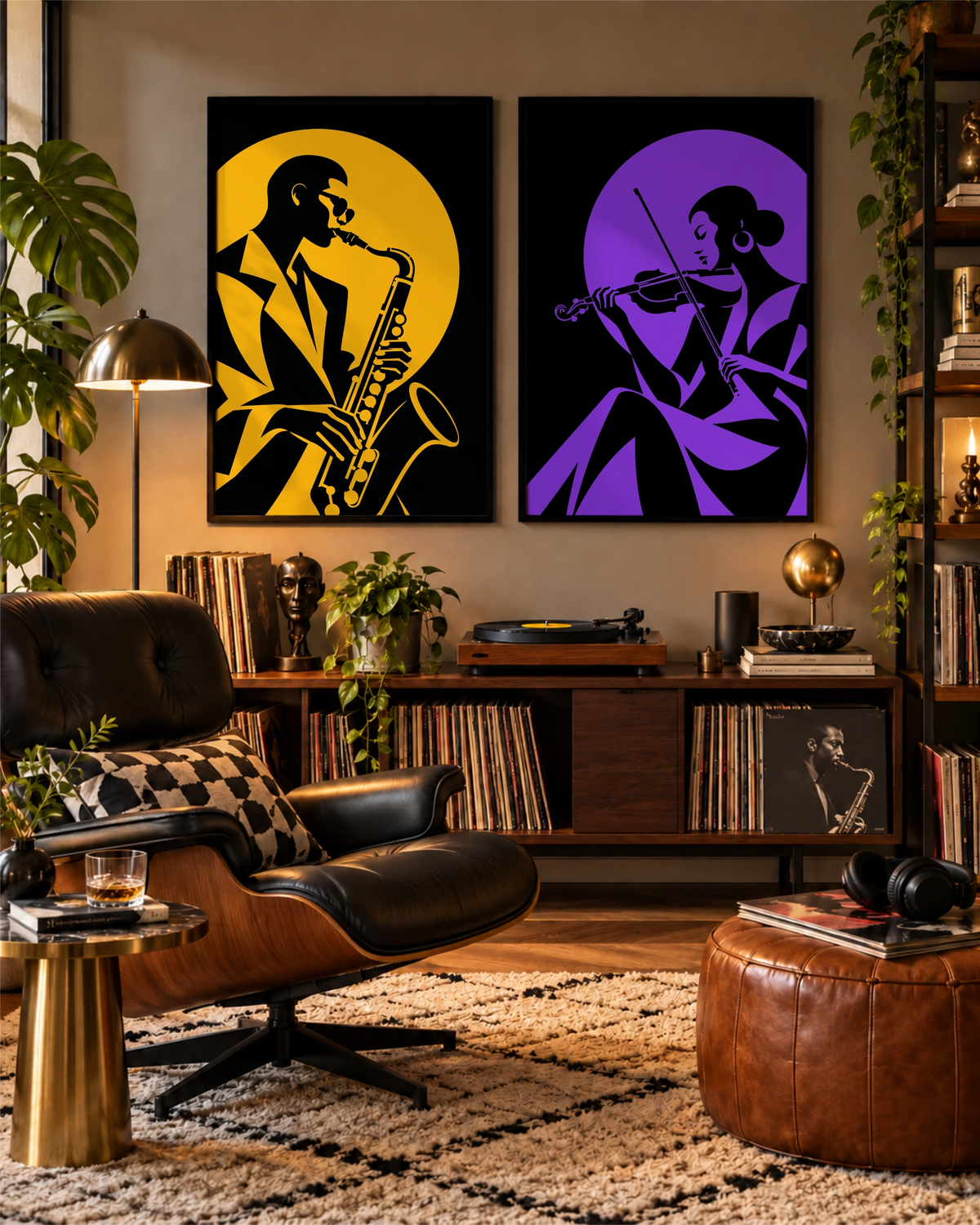 Violet Note art print displayed as the right-hand piece beside Golden Note in a warm listening room with vinyl records and leather seating.