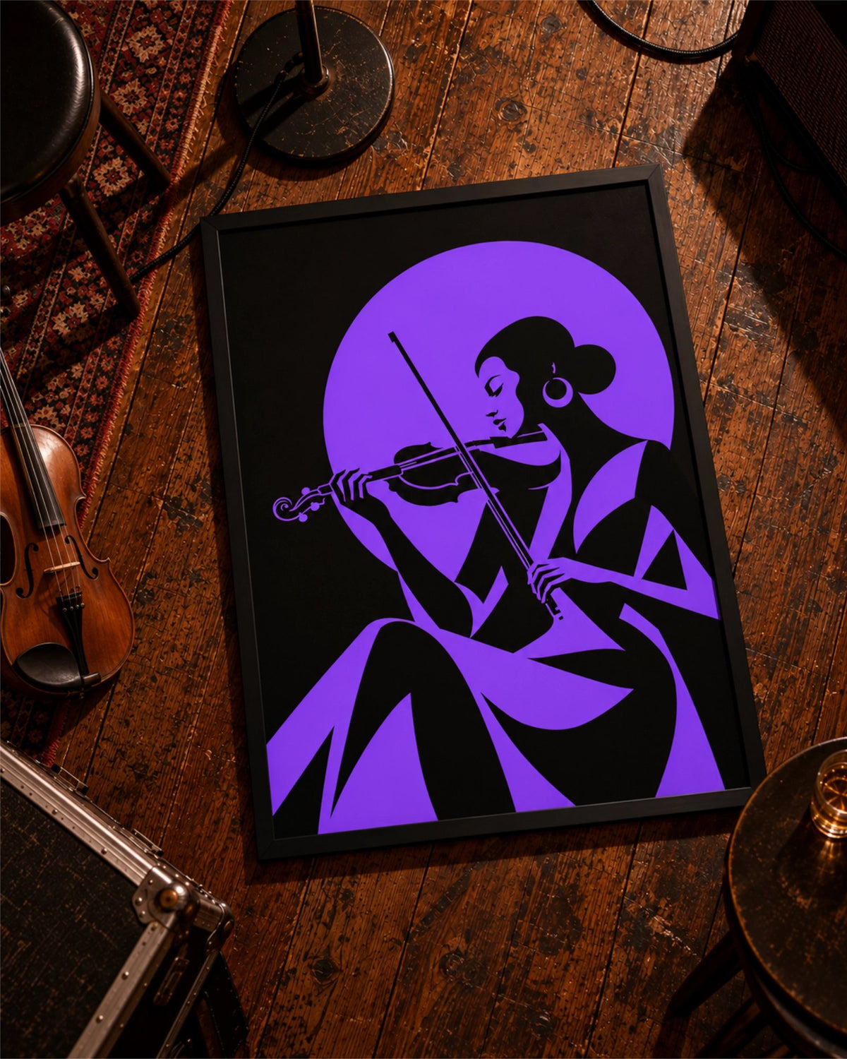 Affiche Violet Note en cadre noir posée sur un parquet usé près d’un violon et de matériel de musique