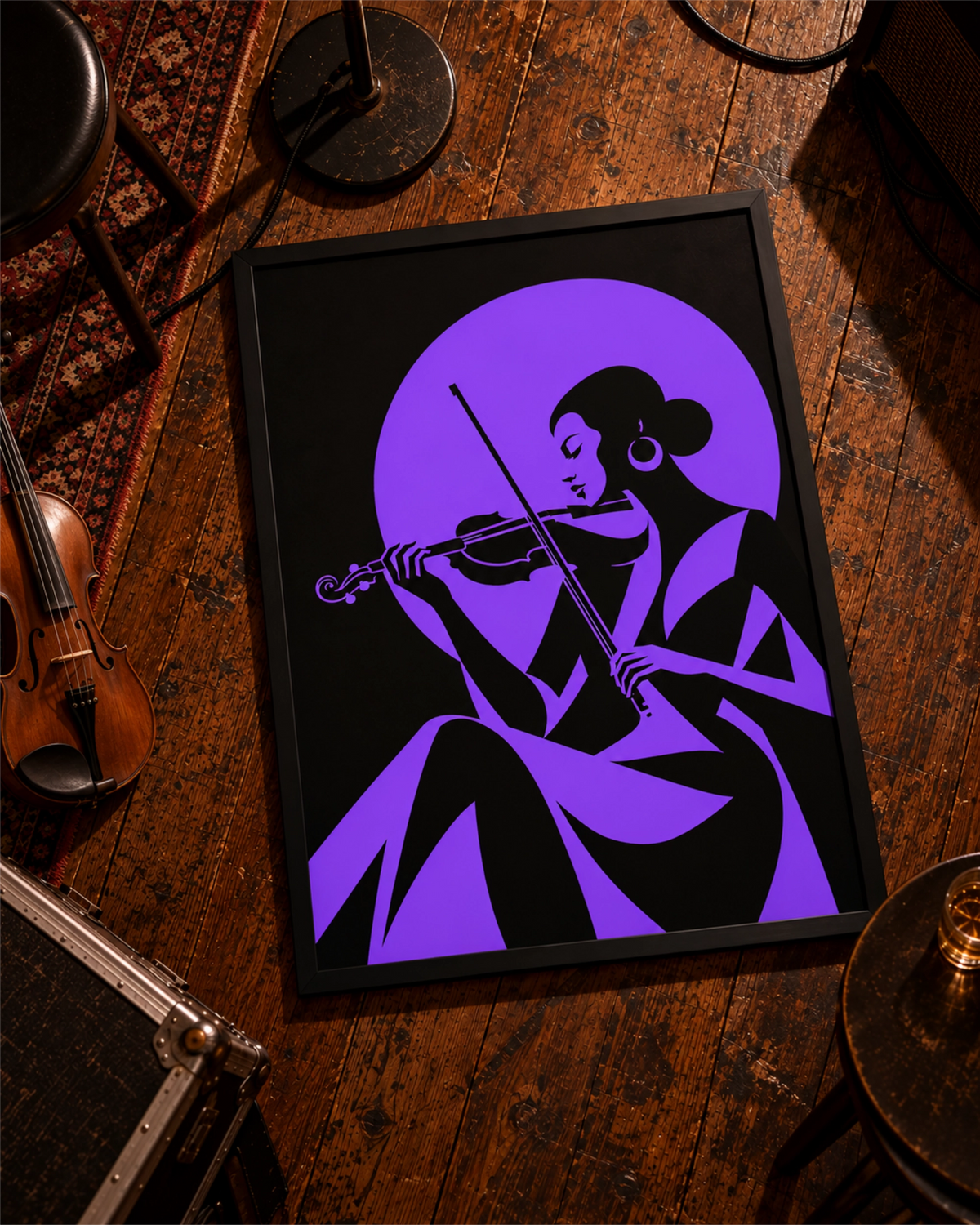 Affiche Violet Note dans un cadre noir posée sur un parquet usé, à côté d’un violon et de matériel de musique.