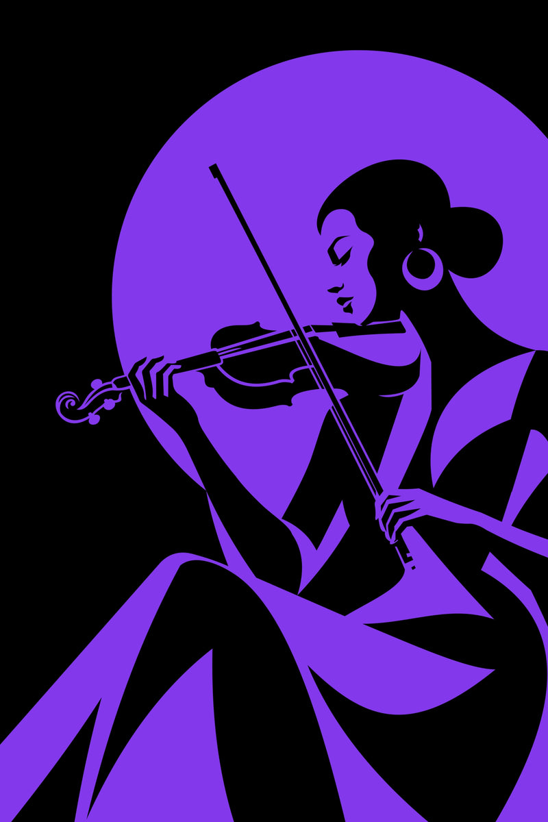 Violet Note art print featuring a seated violinist in bold violet and black with a circular backdrop and angular geometric shapes.