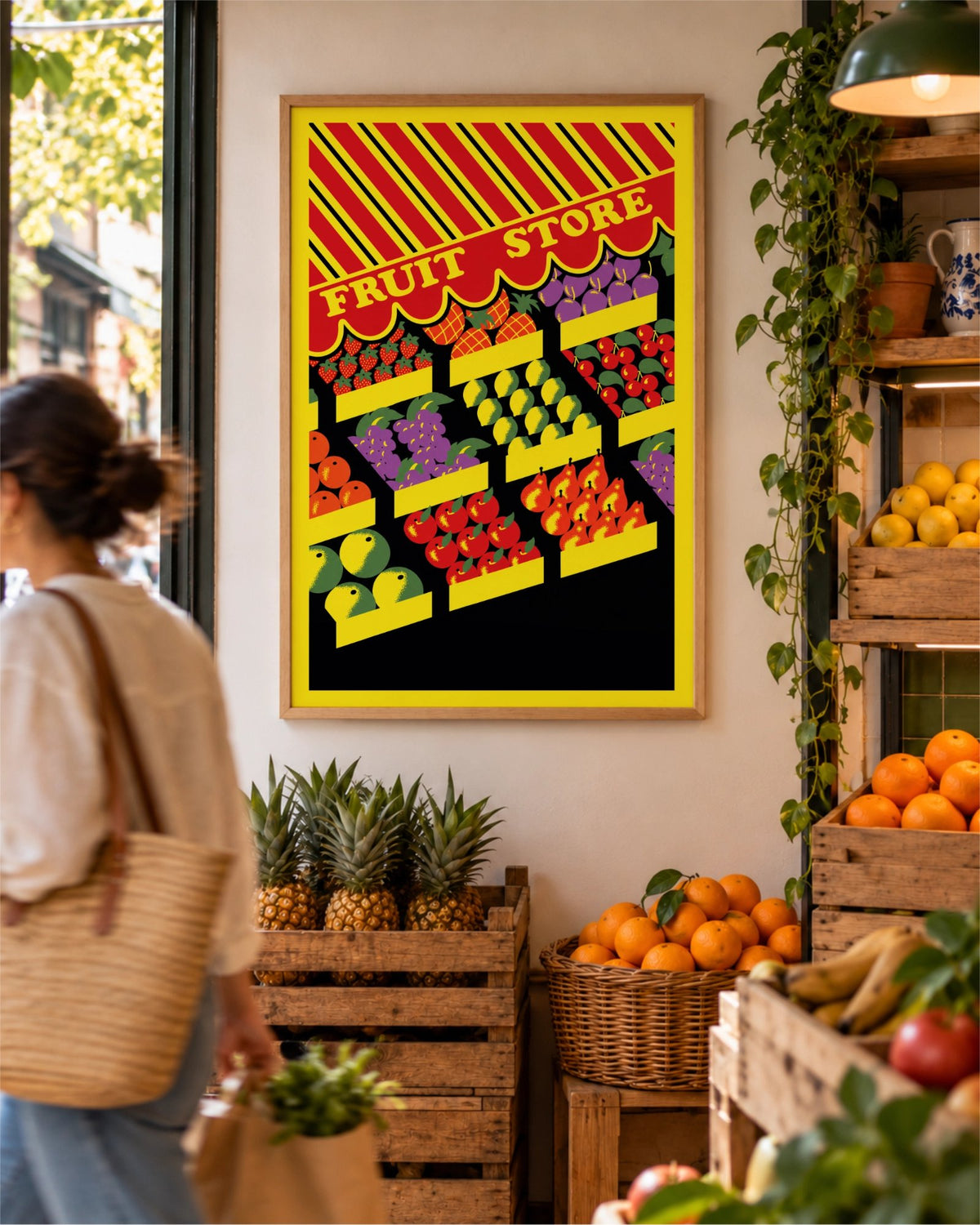 Lámina Fresh Pick con marco de madera natural dentro de una frutería, entre cajas de piñas, naranjas y fruta fresca