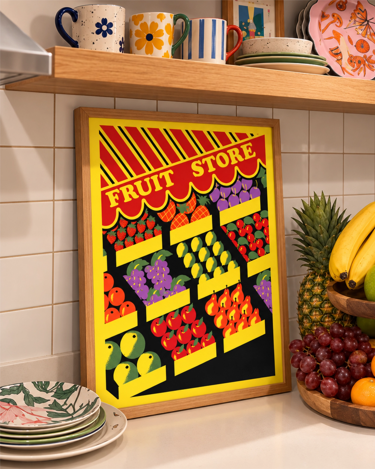 Fresh Pick art print in a natural wood frame on a kitchen counter beside patterned plates, colorful mugs and fresh fruit.