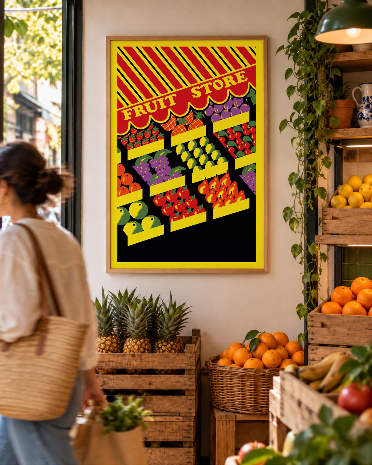 Fresh Pick art print in a natural wood frame displayed inside a fruit shop surrounded by crates of pineapples, oranges and fresh produce.
