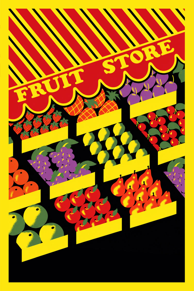 Fresh Pick art print featuring a colorful fruit store display with strawberries, pineapples, grapes, lemons and pears beneath bold red and yellow signage.