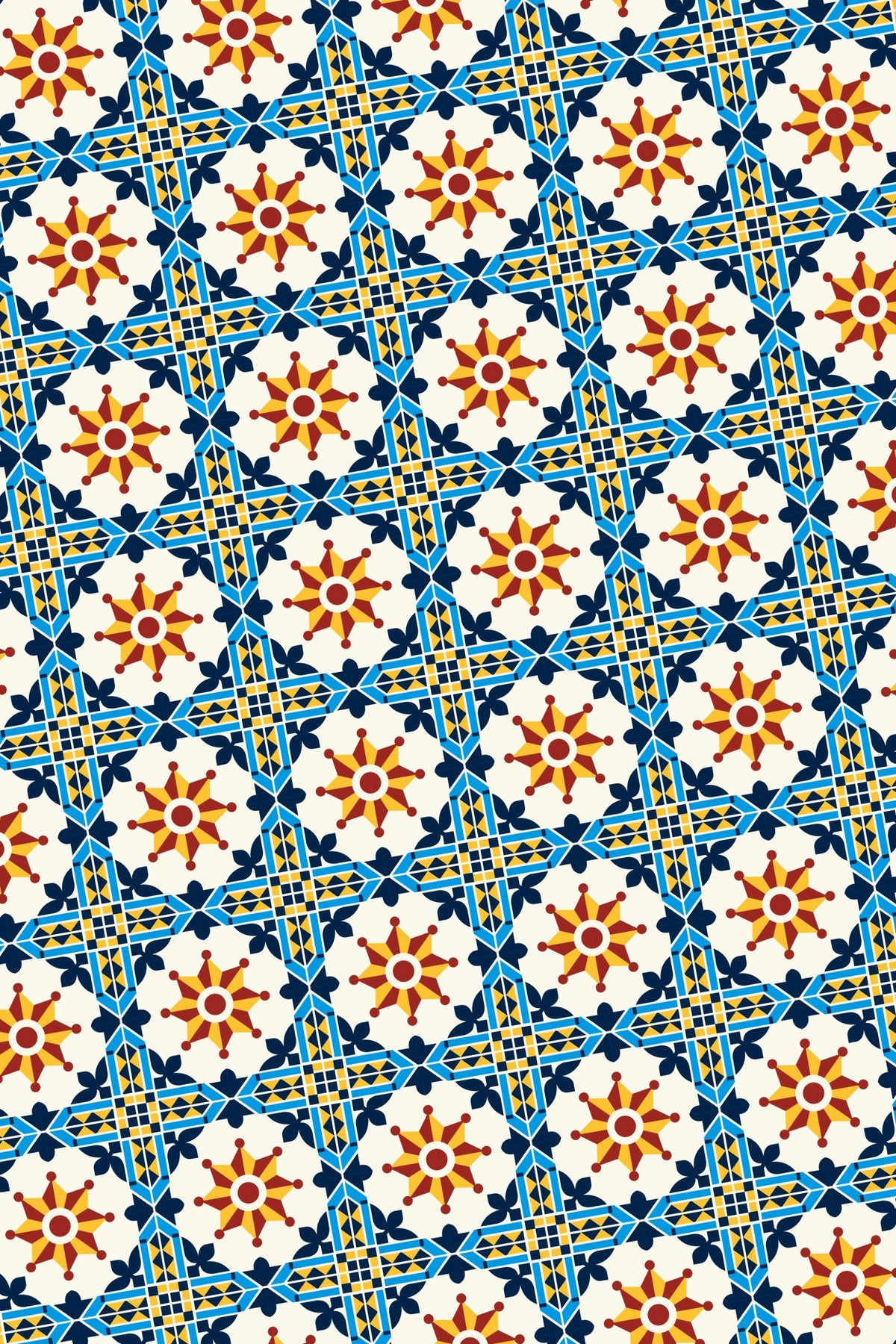 Affiche Porto Grid avec un treillis géométrique bleu répété et des motifs de soleil rouges et jaunes sur fond blanc chaud