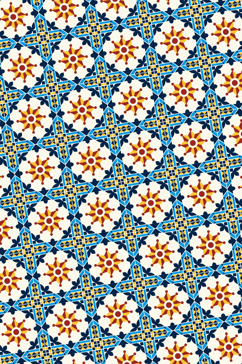 Porto Grid art print featuring a repeating blue geometric lattice with red and yellow sun motifs on a warm white background.