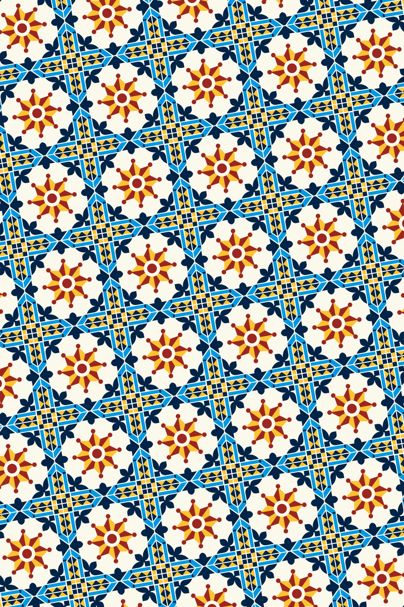 Porto Grid art print featuring a repeating blue geometric lattice with red and yellow sun motifs on a warm white background.