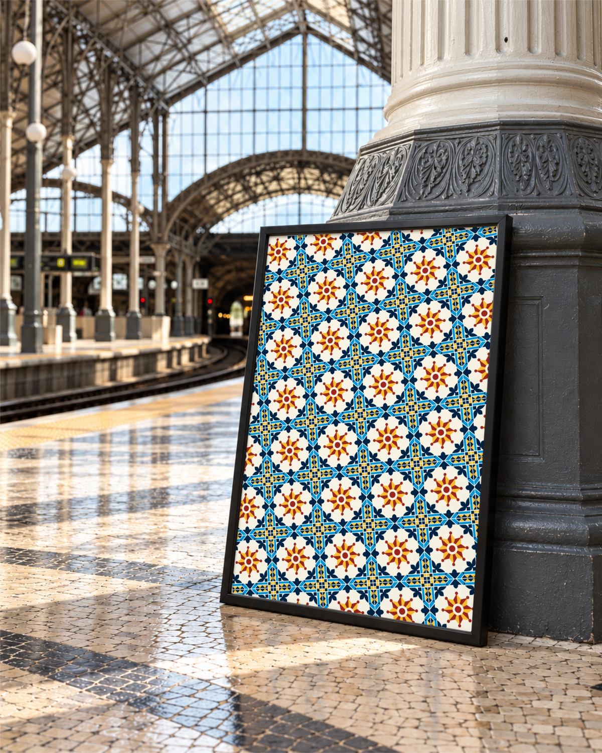Porto Grid art print in a black frame leaning against an ornate column on a bright historic train station platform.