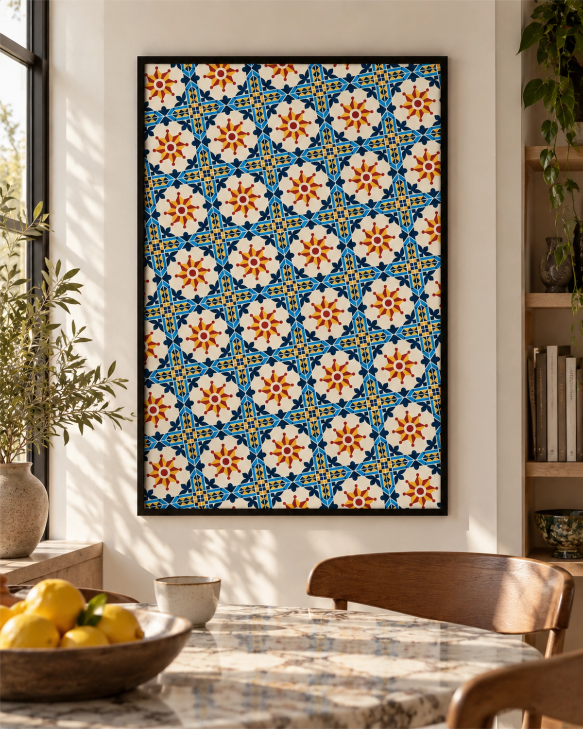 Porto Grid art print in a black frame on a sunlit dining room wall with a marble table, wooden chairs, plants and a bowl of lemons.