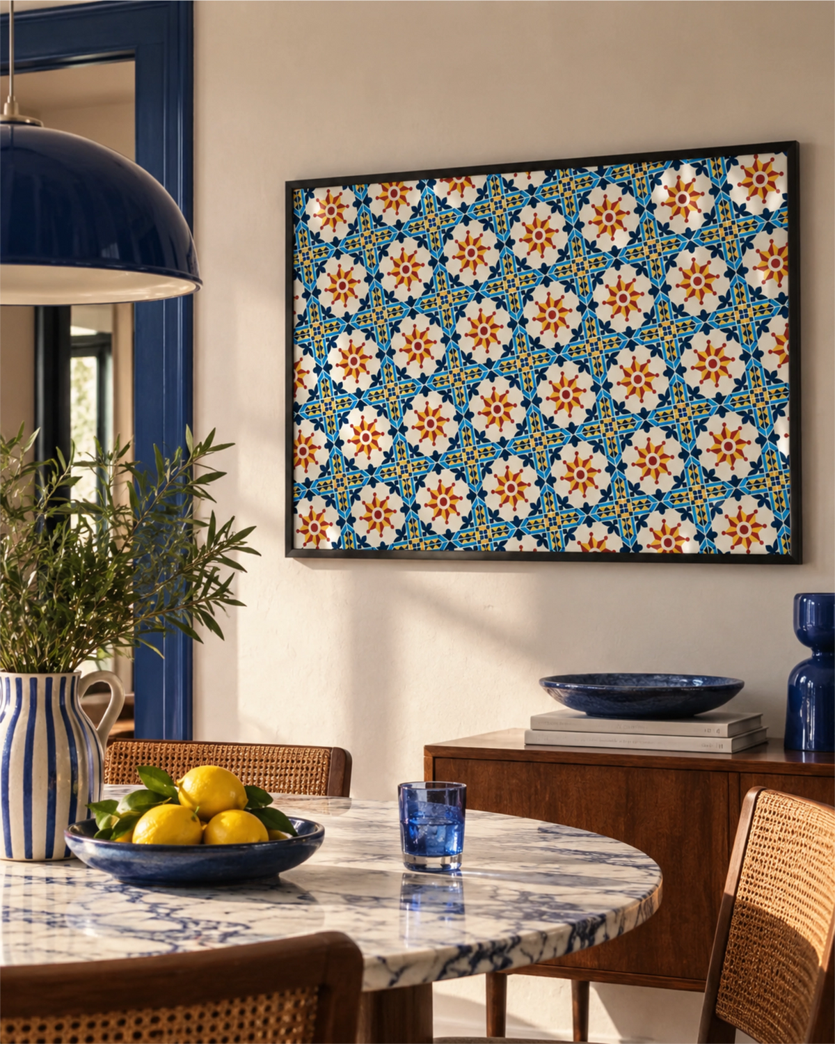 Porto Grid art print in a black frame above a dining area with blue accents, a marble table, cane chairs and fresh lemons.
