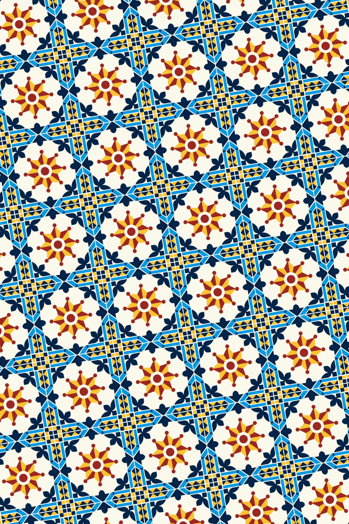 Porto Grid art print featuring a repeating blue geometric lattice with red and yellow sun motifs on a warm white background.