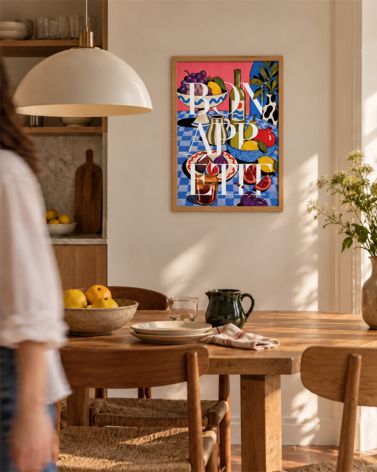 Bon Appétit typography art print displayed in a second framed interior mockup.