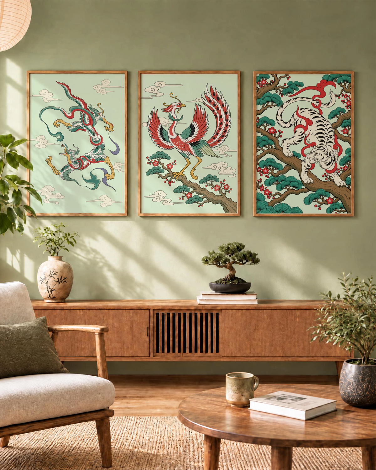 Affiche Phoenix Bloom au centre d’une composition murale de trois affiches, avec le dragon et le tigre assortis, au-dessus d’un buffet en bois.