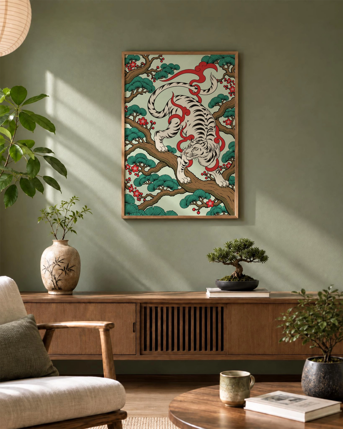 White Tiger art print framed on a soft green wall above a wooden sideboard in a calm, nature-led living room.