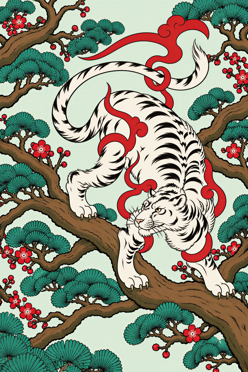 Illustrated white tiger art print with black stripes moving through pine branches, red blossoms and flowing crimson forms on a pale green background.