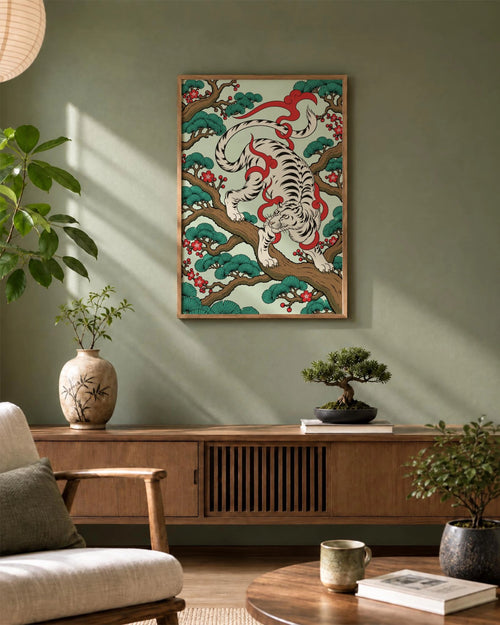 White Tiger art print framed on a soft green wall above a wooden sideboard in a calm, nature-led living room.