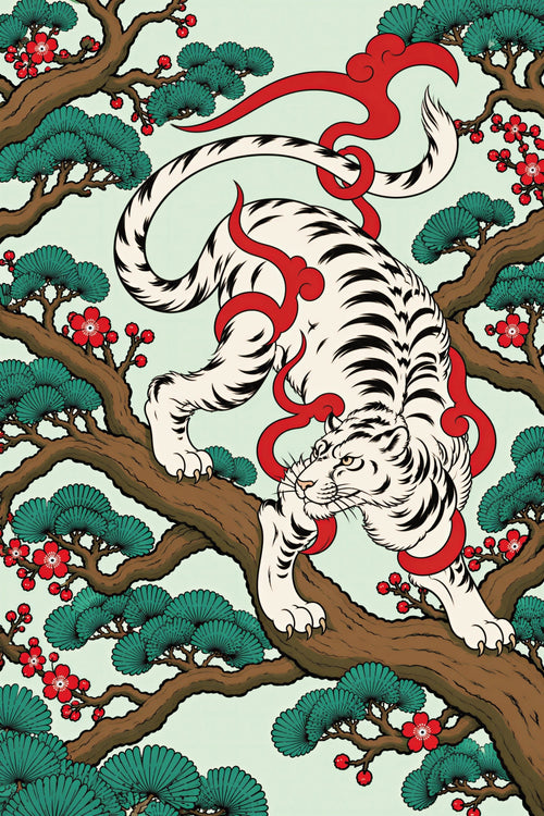 Illustrated white tiger art print with black stripes moving through pine branches, red blossoms and flowing crimson forms on a pale green background.
