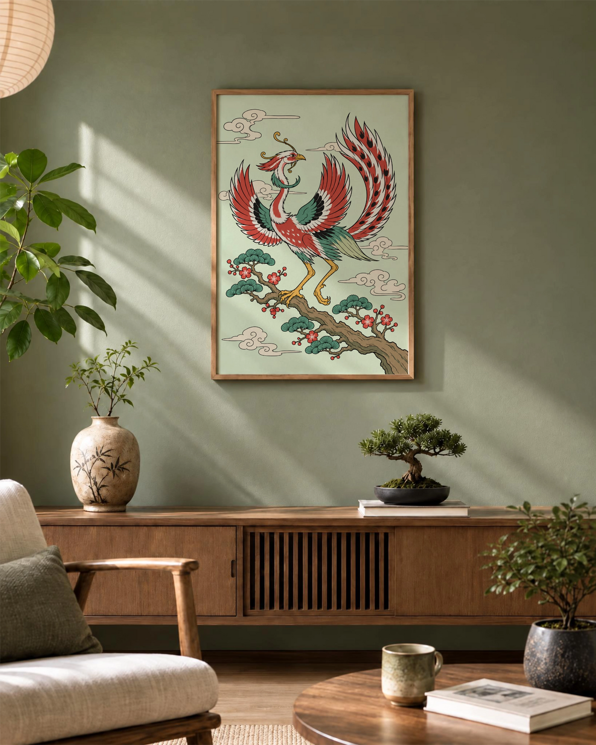 Lámina Phoenix Bloom enmarcada en una pared verde suave sobre un aparador de madera, en un salón tranquilo inspirado en la naturaleza.