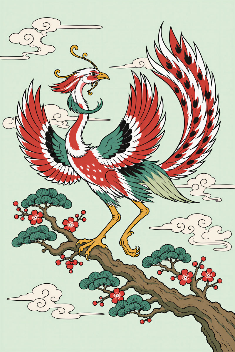 Stampa d’arte illustrata di una fenice dalle piume rosse, bianche e verde acqua posata su un ramo fiorito, su sfondo verde pallido con nuvole stilizzate.