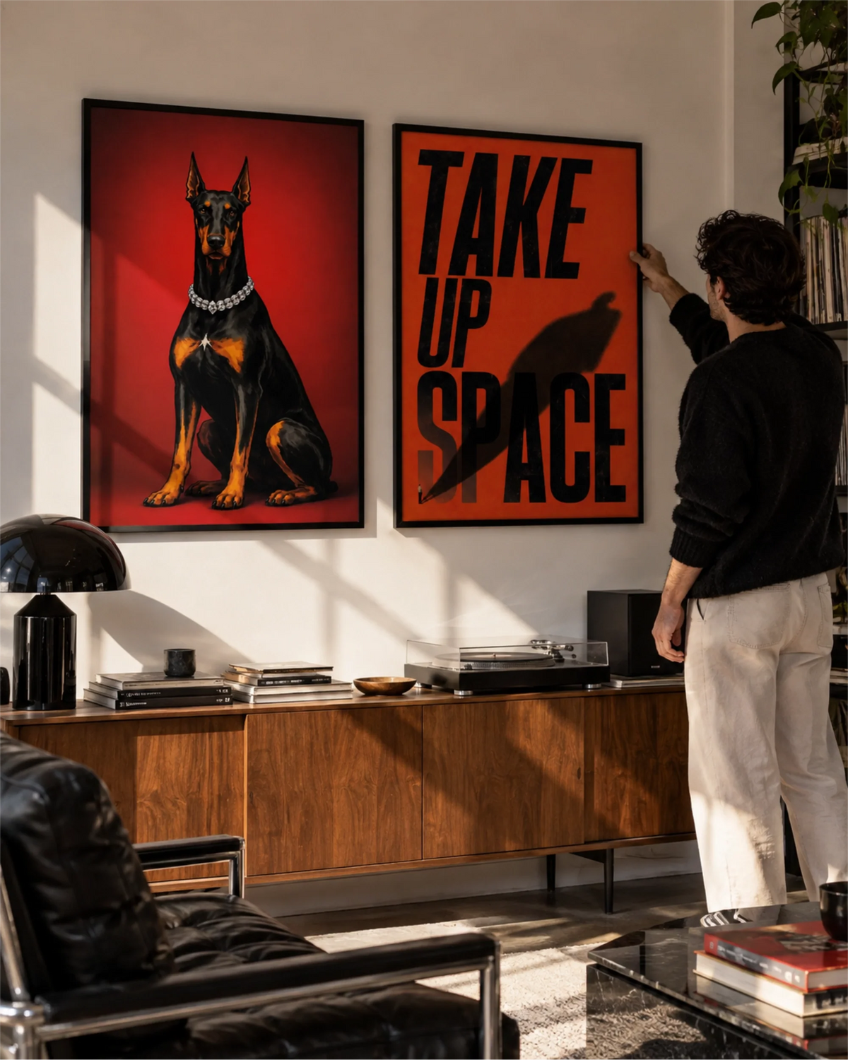 Top Dog and Take Up Space art prints displayed together in a bold contemporary interior.