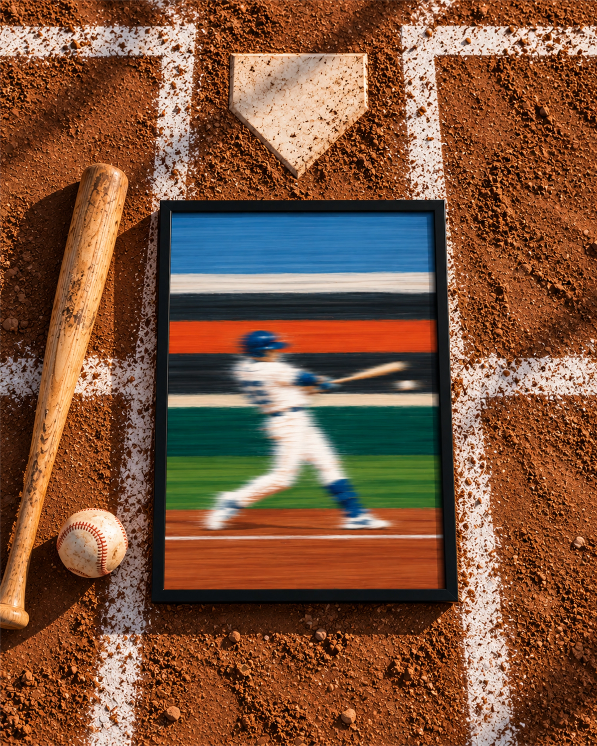Lámina Full Swing en marco negro apoyada en un campo de béisbol junto al home, al lado de un bate de madera y una pelota.