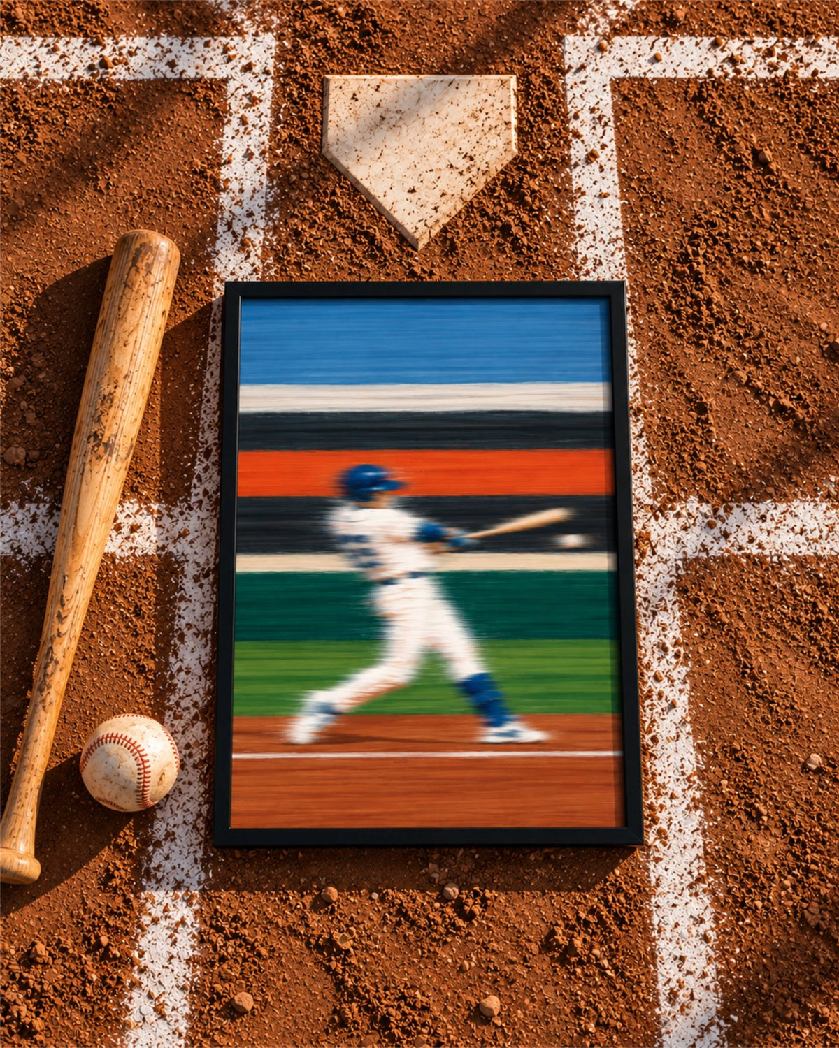 Affiche Full Swing en cadre noir posée sur un terrain de baseball près du marbre, à côté d’une batte en bois et d’une balle