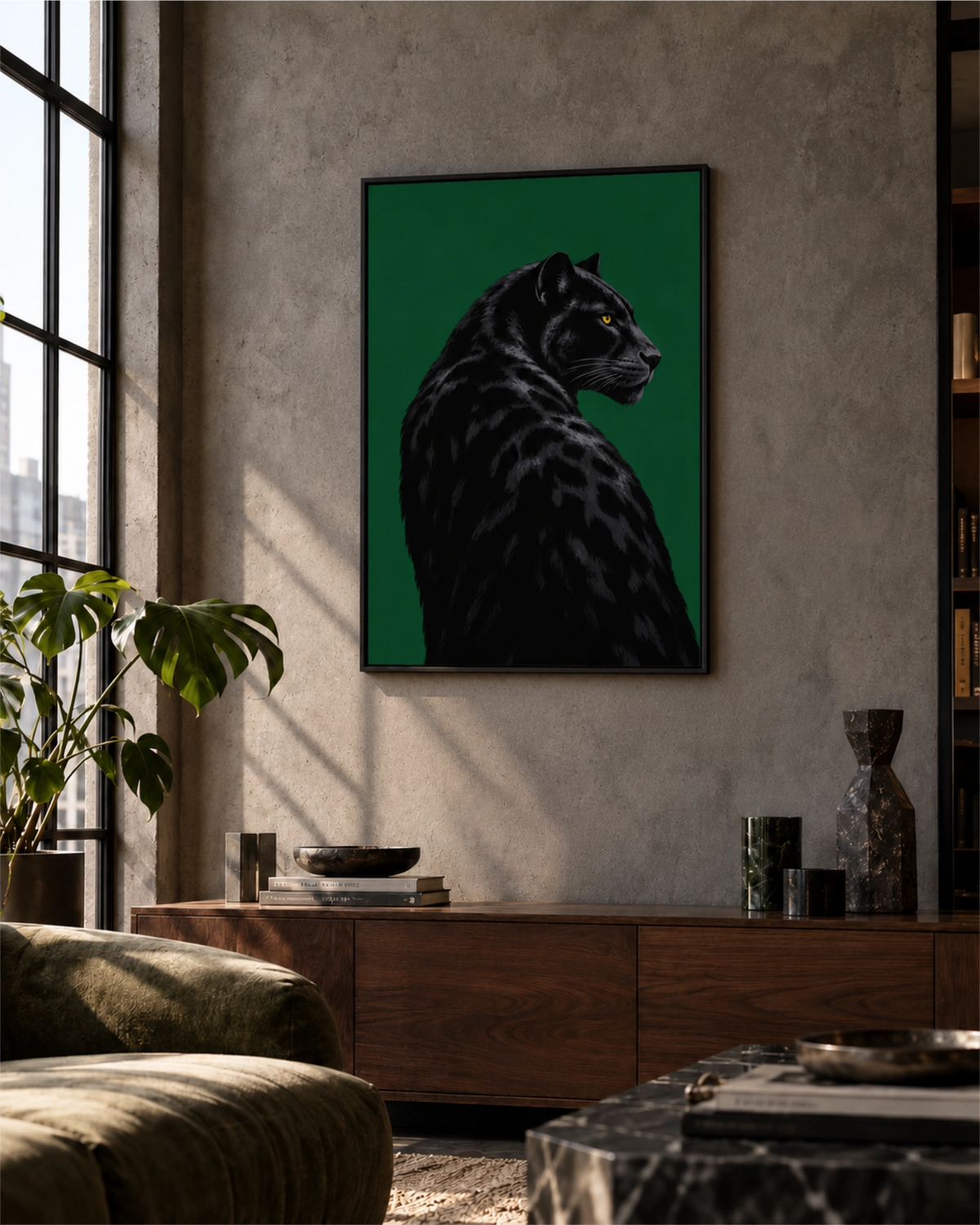 Framed Black Panther poster on a textured wall above a dark wooden sideboard in a modern living room.