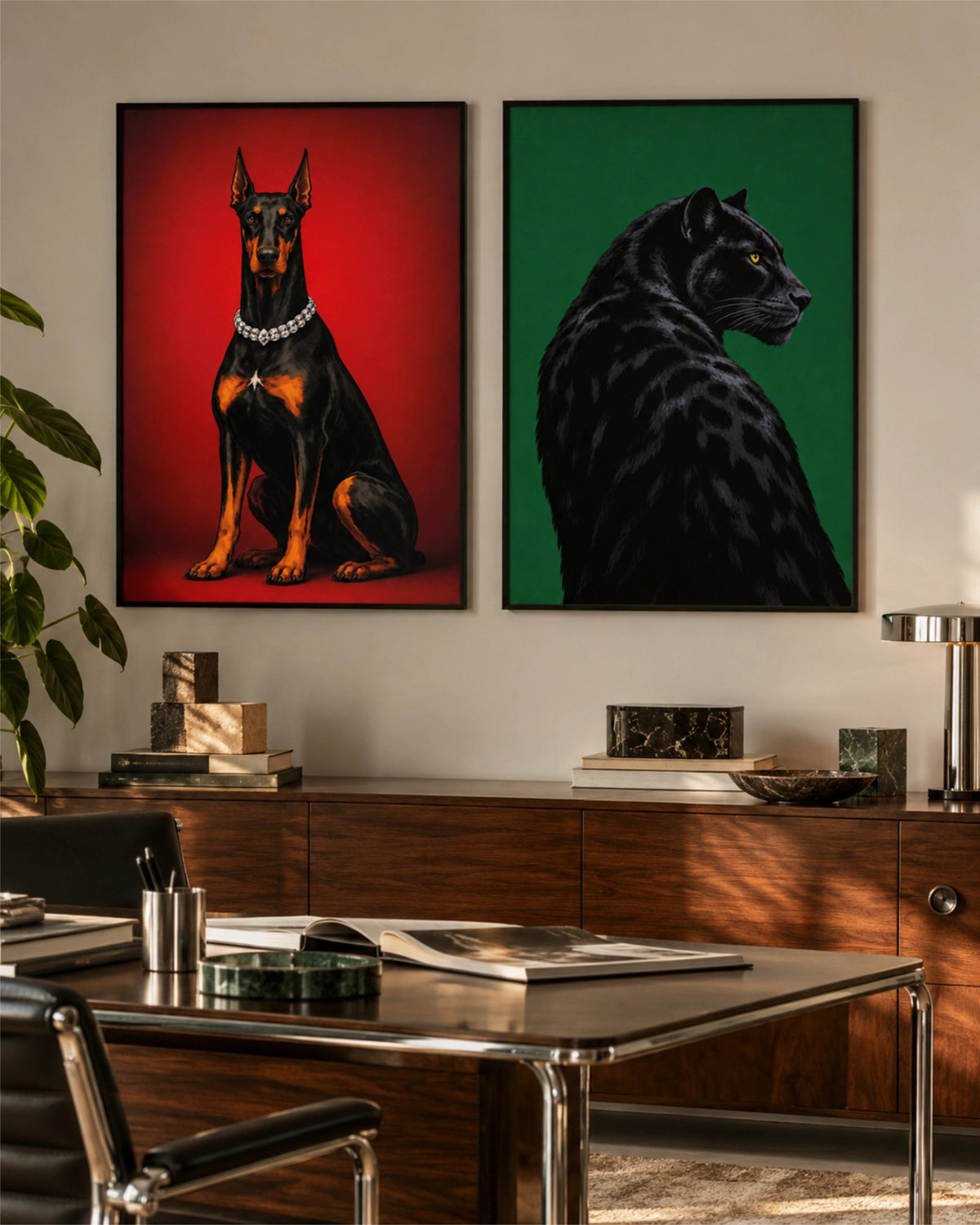Láminas Black Panther y del retrato del dóberman una junto a otra sobre un aparador de madera